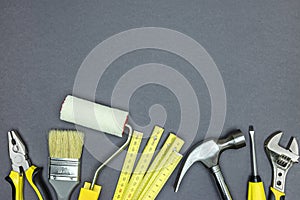 Set of tools for construction and home repair works. flat lay