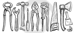 Set of tools for construction or repair work. Hand drawn sketch illustration