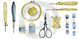 set of tools for embroidery. hoops, threads, scissors, yarn, punch needle. tools for carpet embroidery and embroi