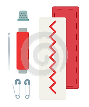 A set of tools for hand sewing and types of stitches on the fabric vector icon flat isolated.