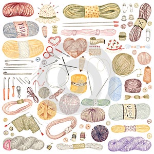 Set of tools for knitting, cozy  hand drawn icons. Cute pattern drawn on paper with colored pencils. Skeins of yarn, babin, wool,