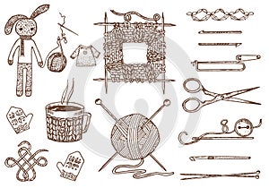Set tools for knitting or crochet and materials or elements for needlework. club sewing. handmade for DIY. tailor shop