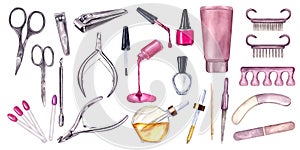 Set of tools for Manicure and pedicure procedure. Nail treatment. Cosmetic instruments. Scissors. Nail polish, cutter