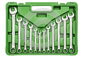 A set of tools for mechanical works isolated on white background. Repair set of keys. Wrench set in box
