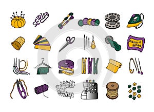 A set of tools for needlework: sewing machine, iron, scissors, spools of thread, buttons, meter, thimble, pin.
