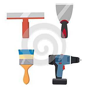 Set tools putty knife, spatula, brush, electric screwdriver repair tool. Spackling or paint instruments. Vector