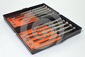 Set of tools and screwdriver for precision work