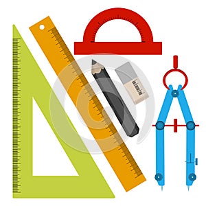 Set of tools for sketching, line, square, pencil, eraser, compass, protractor. In the style of a flat design.