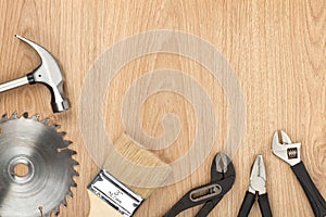 Set of tools on wood background