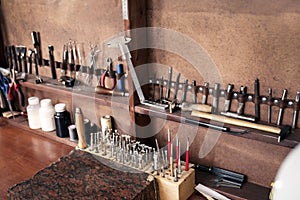 Set of tools for work with leather in workshop