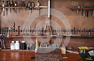 Set of tools for work with leather in workshop