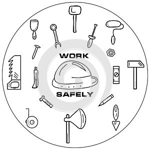 Set of tools - work safely. Isolated vector logo, icon, illustrations. Idea for working themes. Ready-made artworks.