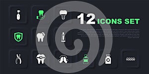 Set Toothache painkiller tablet, Teeth with braces, Broken tooth, Mouthwash, Dental protection, and plate icon. Vector