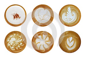 Set of 6 top view of hot coffee latte cappuccino foam art isolated on white background.