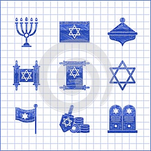 Set Torah scroll, Hanukkah dreidel and coin, Tombstone with star of david, Star David, Flag Israel, and menorah icon