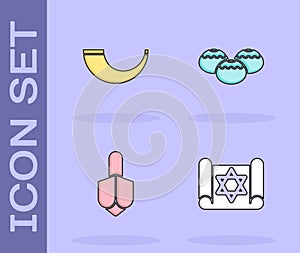 Set Torah scroll, Traditional ram horn, shofar, Hanukkah dreidel and Jewish sweet bakery icon. Vector