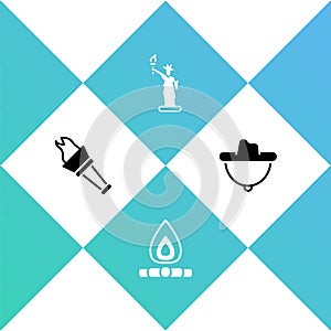 Set Torch flame, Campfire, Statue of Liberty and Western cowboy hat icon. Vector