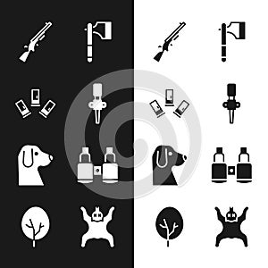 Set Torch flame, Cartridges, Shotgun, Wooden axe, Dog, Binoculars, Bear skin and Tree icon. Vector