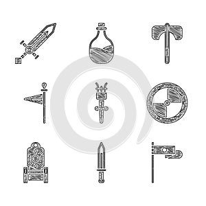 Set Torch flame, Medieval sword, flag, Round wooden shield, throne, axe and icon. Vector