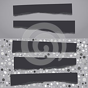 Set of torn of black note, notebook paper strips and pieces stuck on grey background and circles pattern. Vector