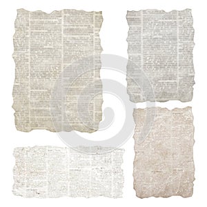 Set of torn newspaper pieces isolated on white background. Old grunge newspapers textured paper collection