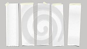 Set of torn note, notebook, blank vertical paper strips stuck with yellow sticky tape on grey background. Vector