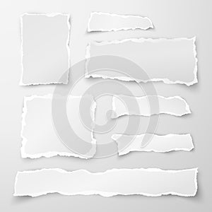 Set of torn paper pieces. Scrap paper. Object strip with shadow isolated on gray background. Vector