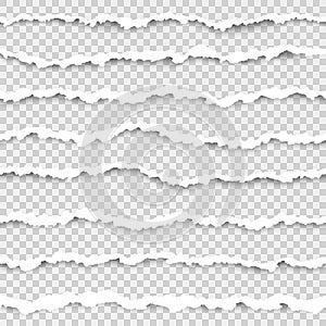 Set of torn paper stripes. Abstract paper texture with damaged edge. Vector illustration isolated on transparent background