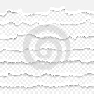 Set of torn paper stripes. Paper texture with damaged edge isolated on transparent background. Vector illustration