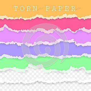 Set of torn paper stripes. Paper texture with damaged edge isolated on transparent background. Vector illustration