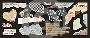 Set of torn papers, old newspaper, cut notepaper, collage craft elements, retro notebook sheets, craft rip labels photo