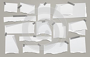 Set of torn white lined note, notebook paper strips and pieces with curled corner and soft shadow stuck with sticky tape