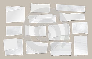 Set of torn white note, notebook paper stripes stuck on grey background for text, advertising. Vector illustration