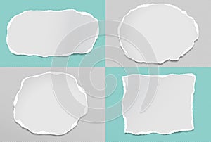 Set of torn white note, notebook paper strips and pieces stuck on grey, turquoise backgrounds. Vector illustration