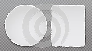 Set of torn white round note, notebook paper pieces stuck on dark squared grey background. Vector illustration