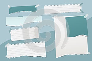 Set of torn, white, turquoise note, notebook paper strips and pieces stuck on colorful backgrounds. Vector illustration photo