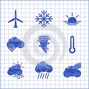Set Tornado, Cloud with rain, Rainbow clouds, Thermometer, Windy weather, snow, Sunrise and turbine icon. Vector