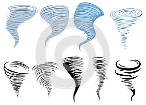 Set of tornadoes. Collection of stylized tornadoes. Vector illustration of a weather cataclysm. Hurricane.