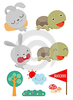 Set of Tortoise and the Hare,Turtle and rabbit racing together to win, Flat style isolated on white background. vector