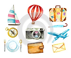 Set of tourism icons. watercolor hand drawn vector illustration