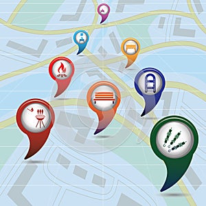 Set of tourism services map pointers on map