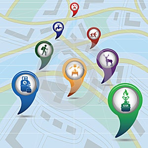Set of tourism services map pointers on map