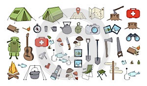 Set of tourism, travel, hiking icons. Line filled colored travel icons isolated on white background, set hiking icons