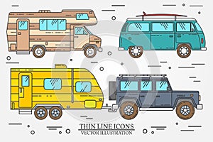 Set of Tourist bus, SUV, trailer, jeep, RV camper trailer, Traveler truck. Summer trip family travel concept. Thin line icon.