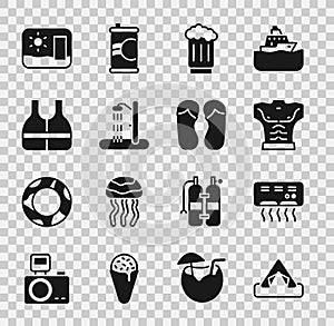 Set Tourist tent, Air conditioner, Bodybuilder muscle, Wooden beer mug, Beach shower, Life jacket, Travel postcard and