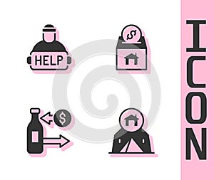 Set Tourist tent, Help homeless, Reception of glass bottles and Donation and charity icon. Vector