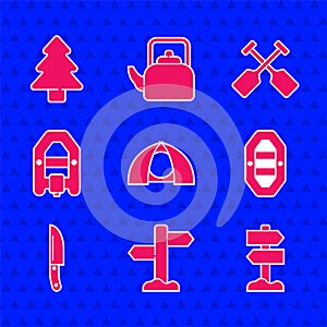 Set Tourist tent, Road traffic signpost, Rafting boat, Knife, Paddle and Forest icon. Vector