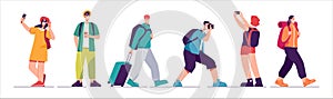 Set of tourists characters, traveling people. Vector illustration on the subject of summer vacation, adventures, hiking