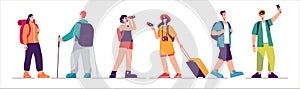 Set of tourists characters, traveling people. Vector illustration on the subject of summer vacation, adventures, hiking