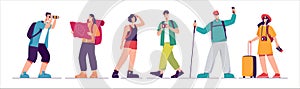 Set of tourists characters, traveling people. Vector illustration on the subject of summer vacation, adventures, hiking